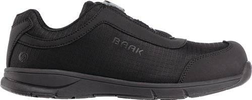 Ein schwarzer Schuh mit dem Markennamen 'BEAK', der an der Seite eingeprägt ist. Der Schuh wirkt sportlich mit einer strukturierten Sohle und minimalistischem Design.