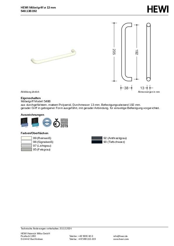 Möbelgriff PA 90 tiefschwarz ma 192mm D.13mm HEWI