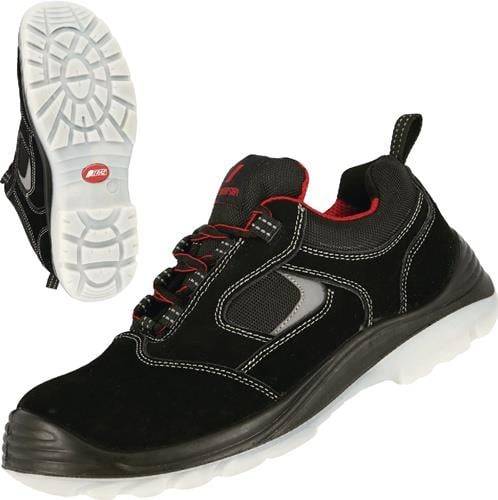 Schwarzer und roter Sicherheitsschuh mit weißer Sohle, mit verstärkter Zehenkappe und Ferse, seitlichen Belüftungsöffnungen und gepolstertem Schaftrand für Komfort.