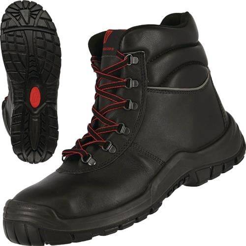 Schwarzer Arbeitsschuh aus Leder mit roten Schnürsenkeln, ausgestattet mit einem robusten Profil und einer stabilen Konstruktion. Enthält eine Nahaufnahme des Profilmusters.