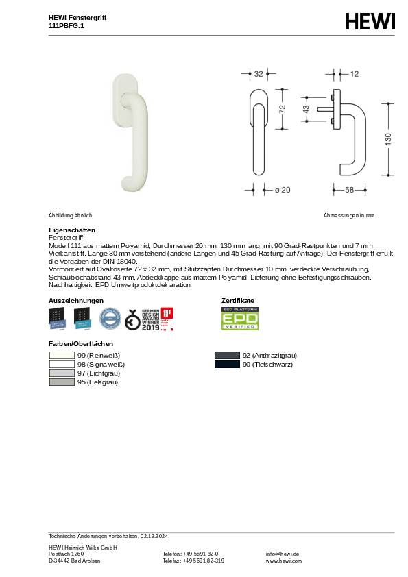 Fenstergriff 111PBFG PA 90 tiefschwarz 30mm Stand.HEWI