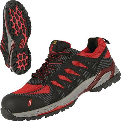 Roter und schwarzer Wanderschuh mit robuster Gummisohle, konzipiert für Outdoor-Aktivitäten, ausgestattet mit strapazierfähigem Meshgewebe und verstärkter Zehenpartie.