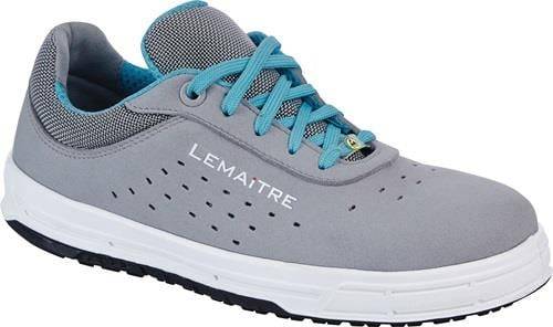 Ein grauer und blauer Sportschuh mit 