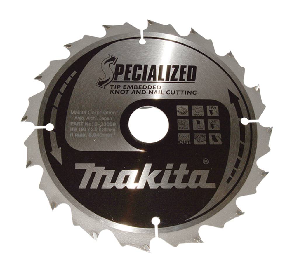 Makita spezialisiertes Kreissägeblatt mit eingebetteter Spitze zum Schneiden von Knoten und Nägeln, Vorderansicht auf weißem Hintergrund dargestellt.