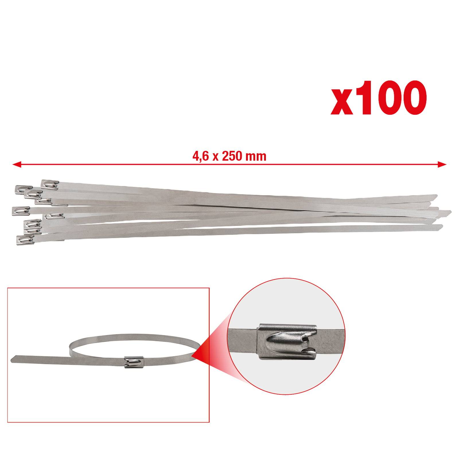 Packung mit 100 Edelstahl-Kabelbindern, 4,6 x 250 mm, mit Nahaufnahme des Verschlussmechanismus, geeignet zum Sichern von Gegenständen.