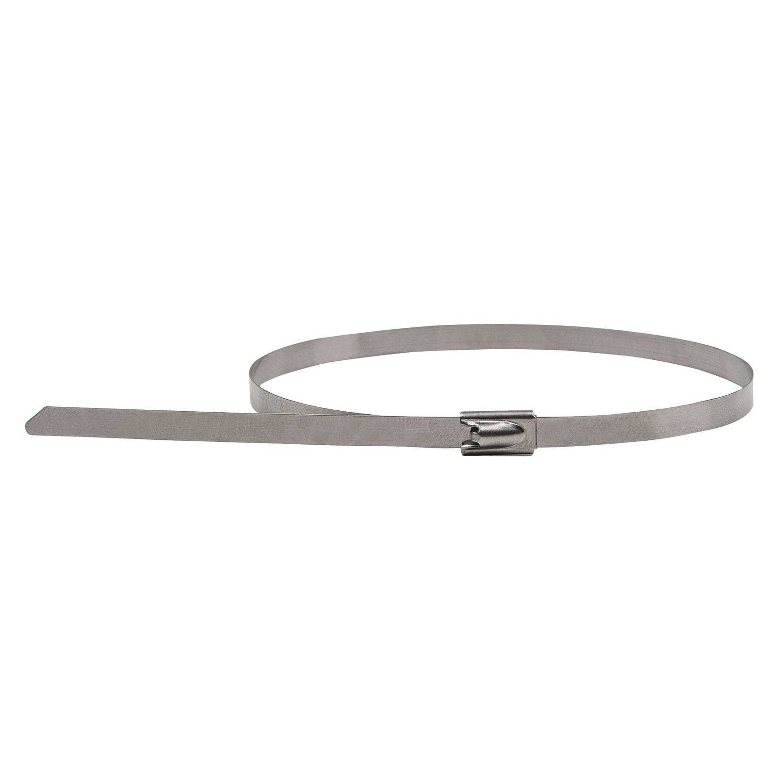Eine Kabelbinder aus Stahl mit einem glatten Band und einem Verschlussmechanismus, der zum Bündeln oder Sichern von Gegenständen verwendet wird.