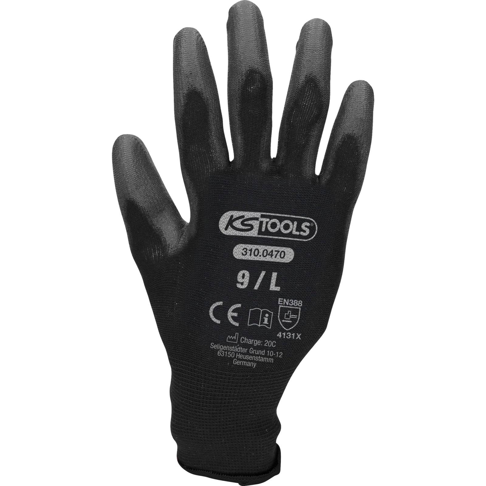 Ein schwarzer Arbeitshandschuh mit der Aufschrift 'KS Tools' in der Größe 9/L und dargestellten Sicherheitsstandards, entwickelt für industrielle Anwendungen.