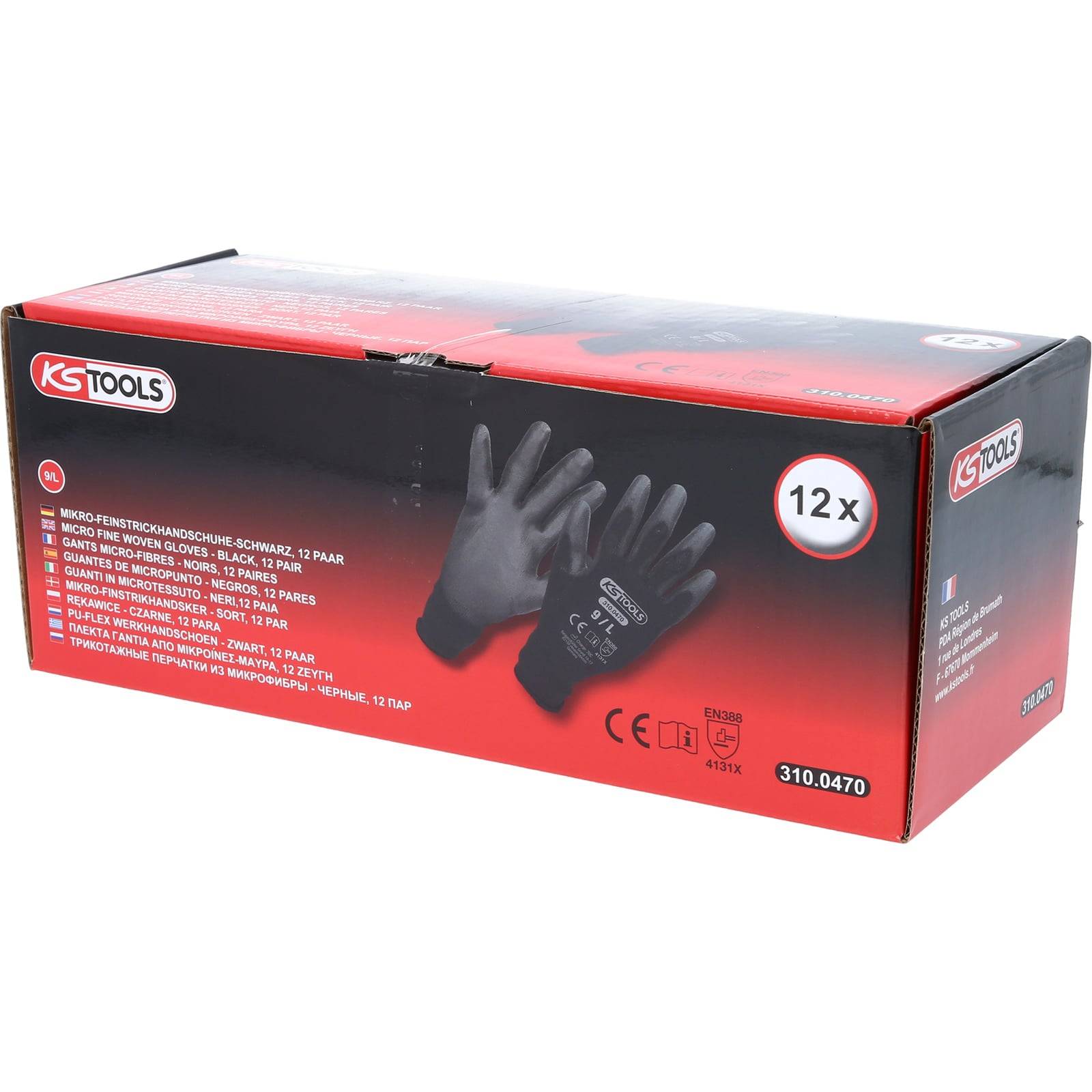Eine rote und schwarze Schachtel mit KS Tools Handschuhen, beschriftet mit '12x'. Zeigt ein Bild von Handschuhen und listet Produktdetails in mehreren Sprachen auf. Modell 310.0470.