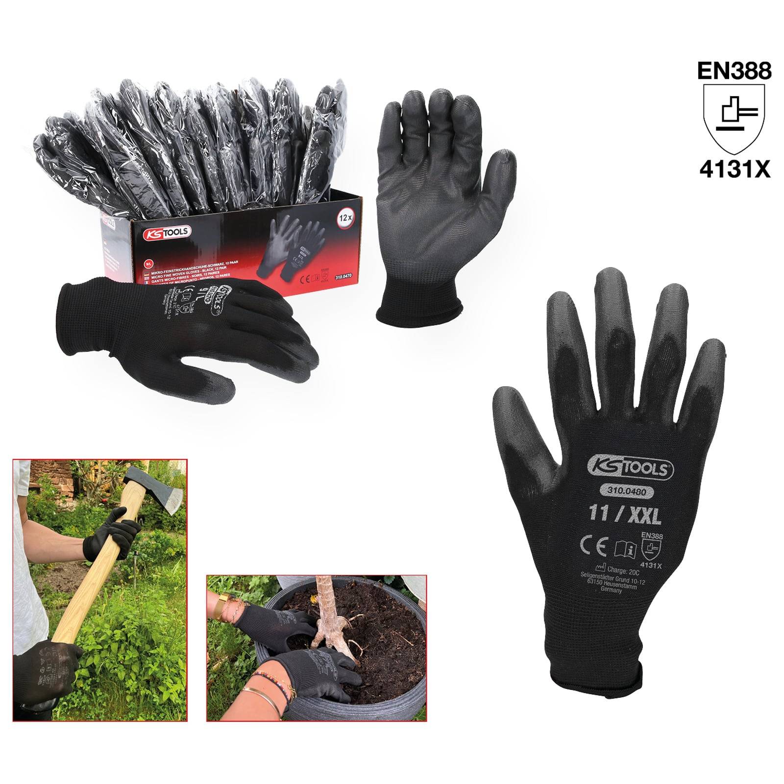 KS Tools' Schutzhandschuhe in einer Box und getragen; zeigt Merkmale und Qualitätsmarkierungen 'EN 388 4131X'. Verwendungszwecke umfassen Gartenarbeit und Holzbearbeitung.