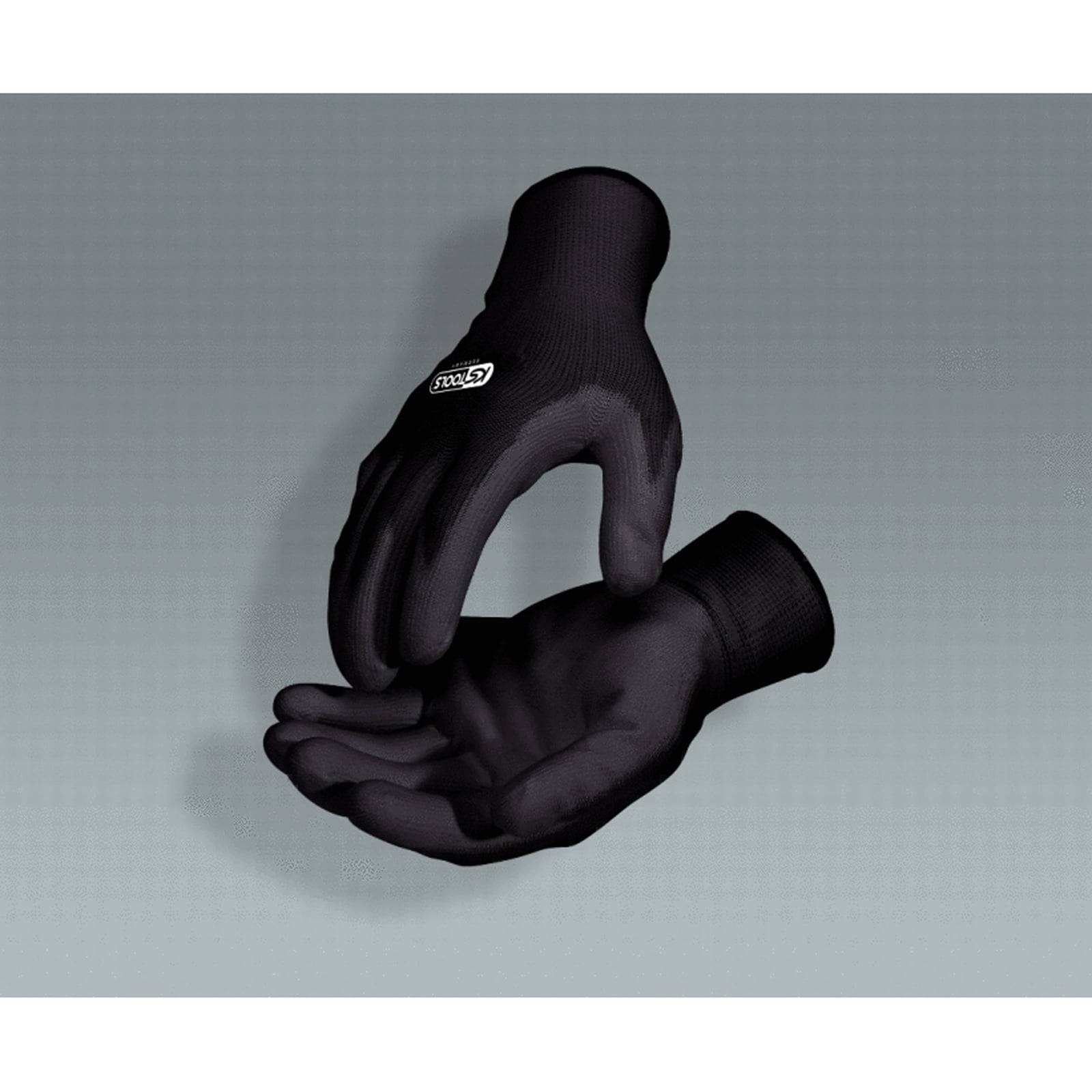 Zwei schwarze Handschuhe, die vor einem grauen Hintergrund schweben, einer mit der Handfläche nach oben und der andere mit der Handfläche nach unten, die ihr Design und ihre Passform präsentieren.