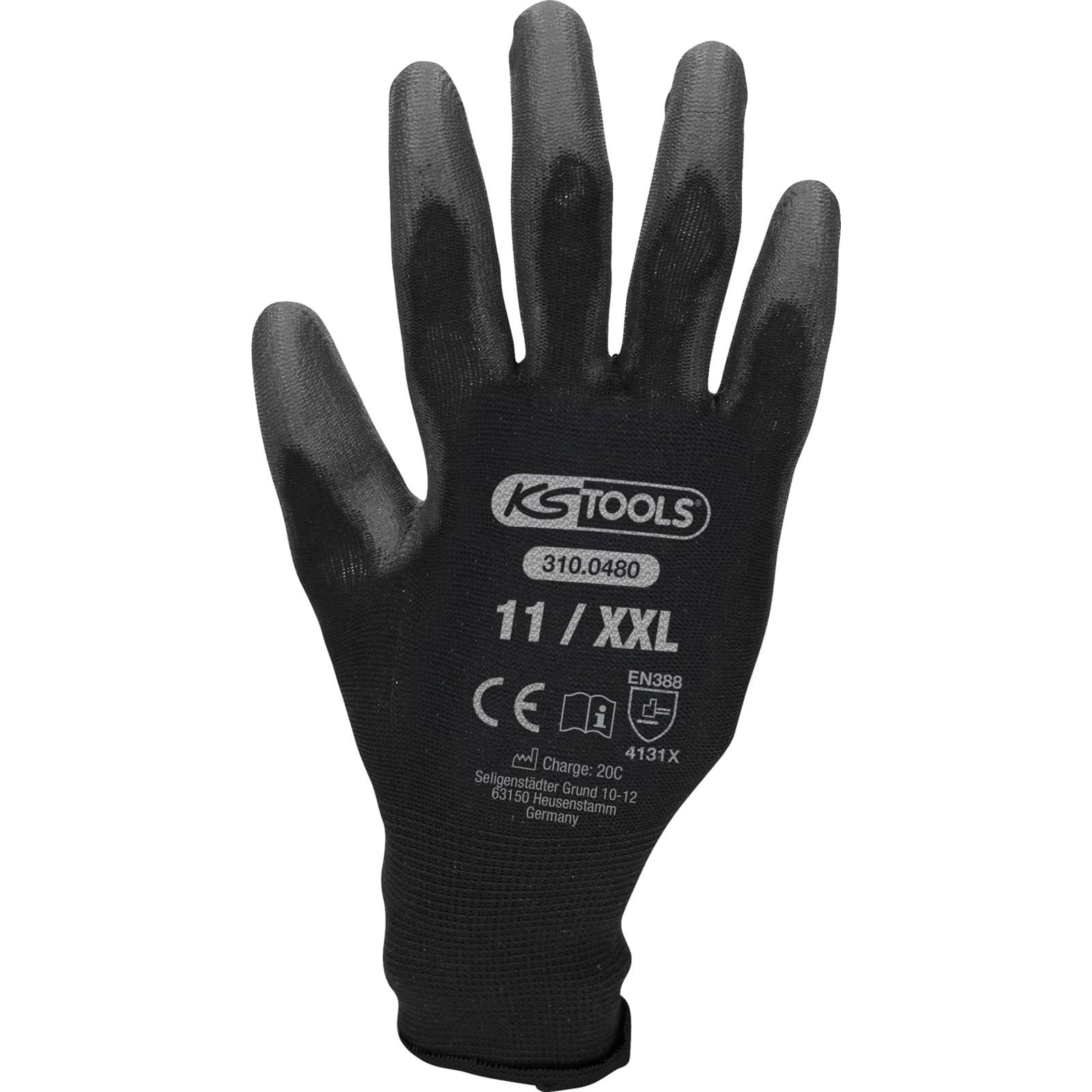 Ein schwarzer Arbeitshandschuh mit der Beschriftung 'KS Tools 11/XXL', der Sicherheitszertifizierungen und Normen aufweist und Größe sowie Verwendungseignung anzeigt.