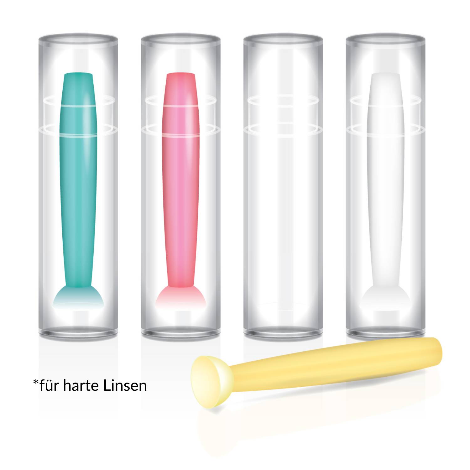 Saughebel-Werkzeuge in Blau und Rosa, verwendet zum Handhaben von harten Kontaktlinsen, wobei ein gelbes Werkzeug außerhalb der Brillenetuis liegt.