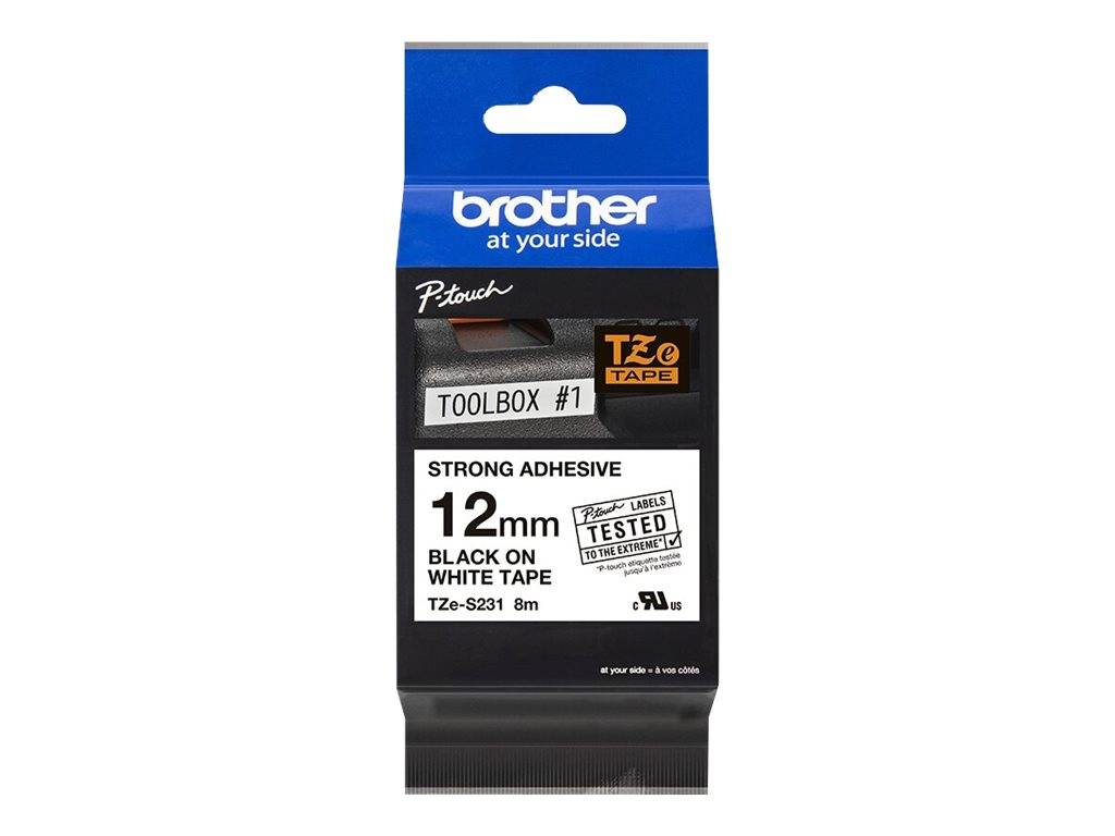 Brother TZe-S231 - Extra starker Klebstoff - Schwarz auf Weiß - Rolle (1,2 cm x 8 m)