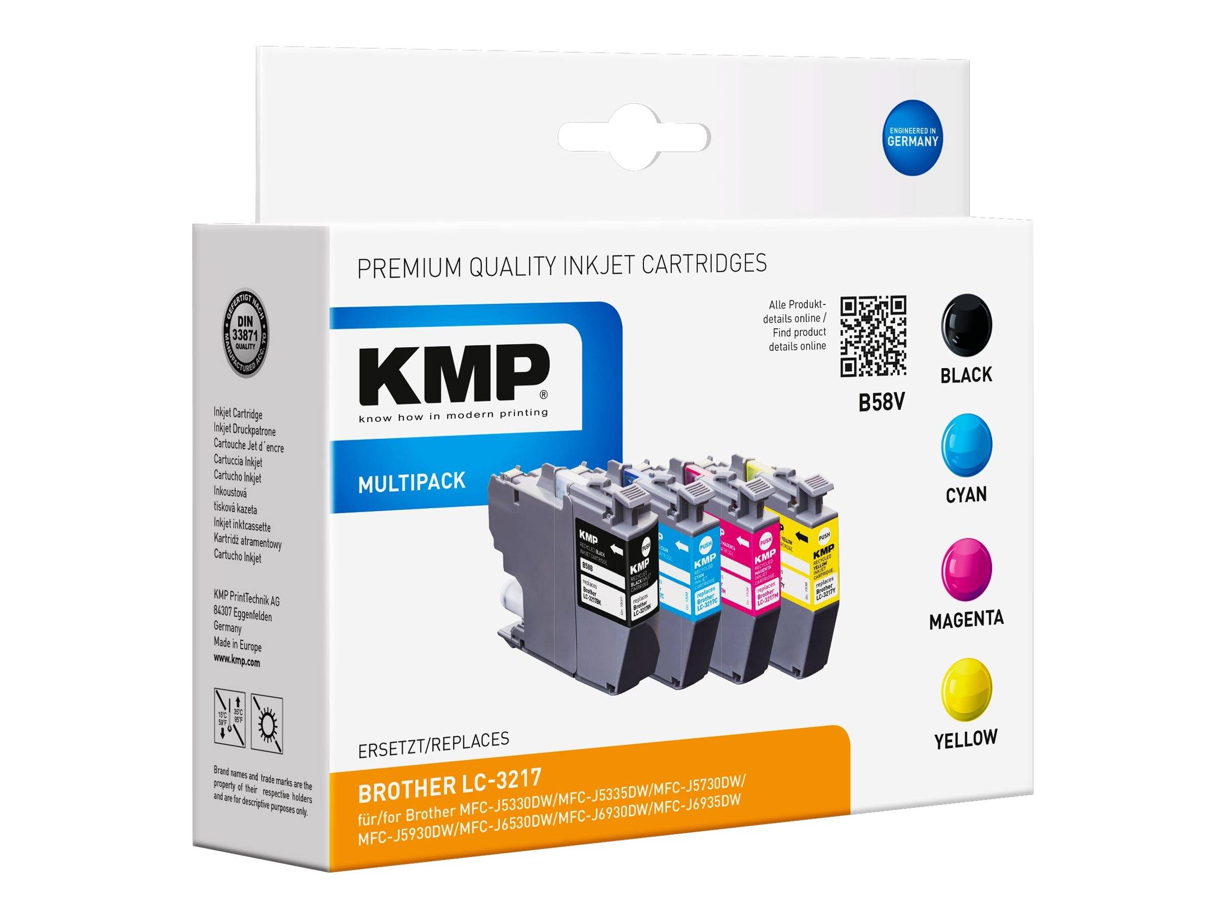 KMP Premium-Qualität Tintenstrahl-Patronenset mit vier Ersatztintentanks für Brother LC-3217 in Schwarz, Cyan, Magenta und Gelb.