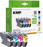 KMP Premium-Tintenpatronen-Set für Brother-Drucker, mit schwarzen, cyan-, magenta- und gelben Patronen und Farbetiketten auf der Verpackung.