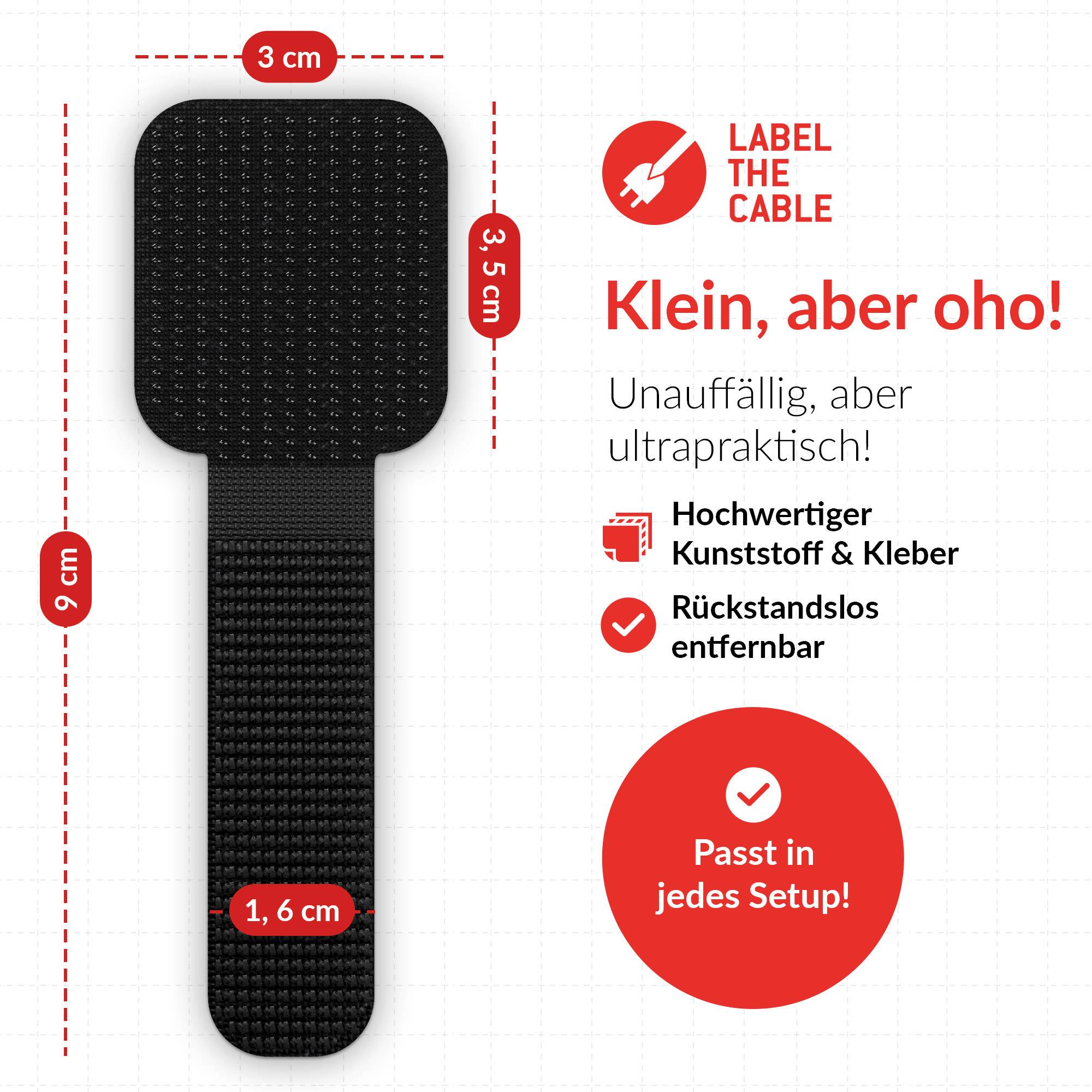 LABEL-THE-CABLE - LTC PRO Wall - Kabelhalter - Oberfläche montierbar, geeignet für Wandmontage - 9 cm - Schwarz (Packung