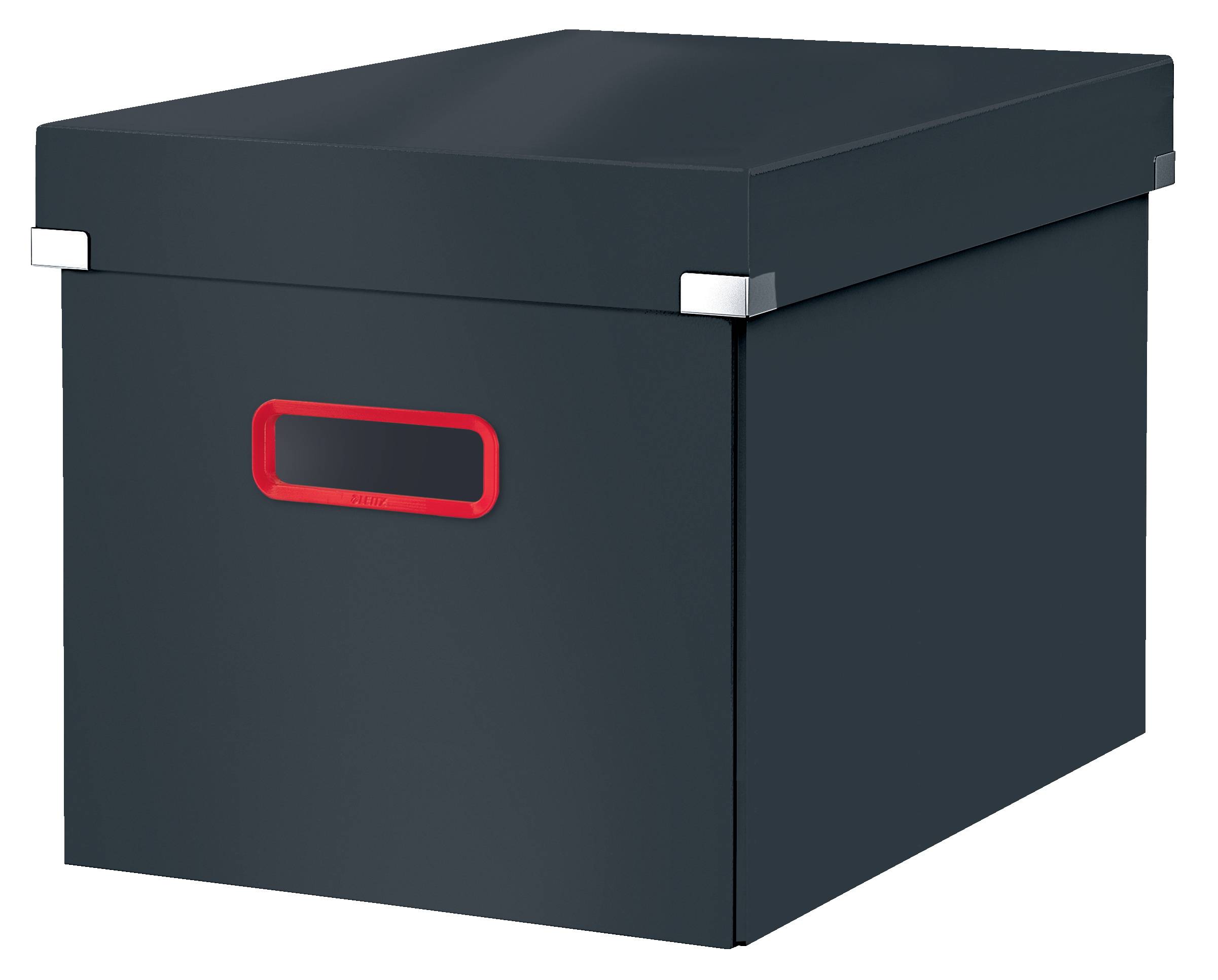 Dunkelgraue Aufbewahrungsbox mit Deckel und rotem Griff an der Vorderseite, auf neutralem Hintergrund dargestellt.