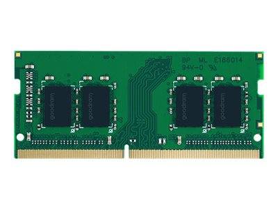 Grünes RAM-Speichermodul mit vier schwarzen Chips und vergoldetem Steckerrand auf weißem Hintergrund.