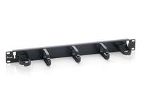 Schwarzes, wandmontiertes Kabelmanagement-Rack mit fünf hakenförmigen Schleifen und Befestigungslöchern an jedem Ende, gezeigt auf weißem Hintergrund.