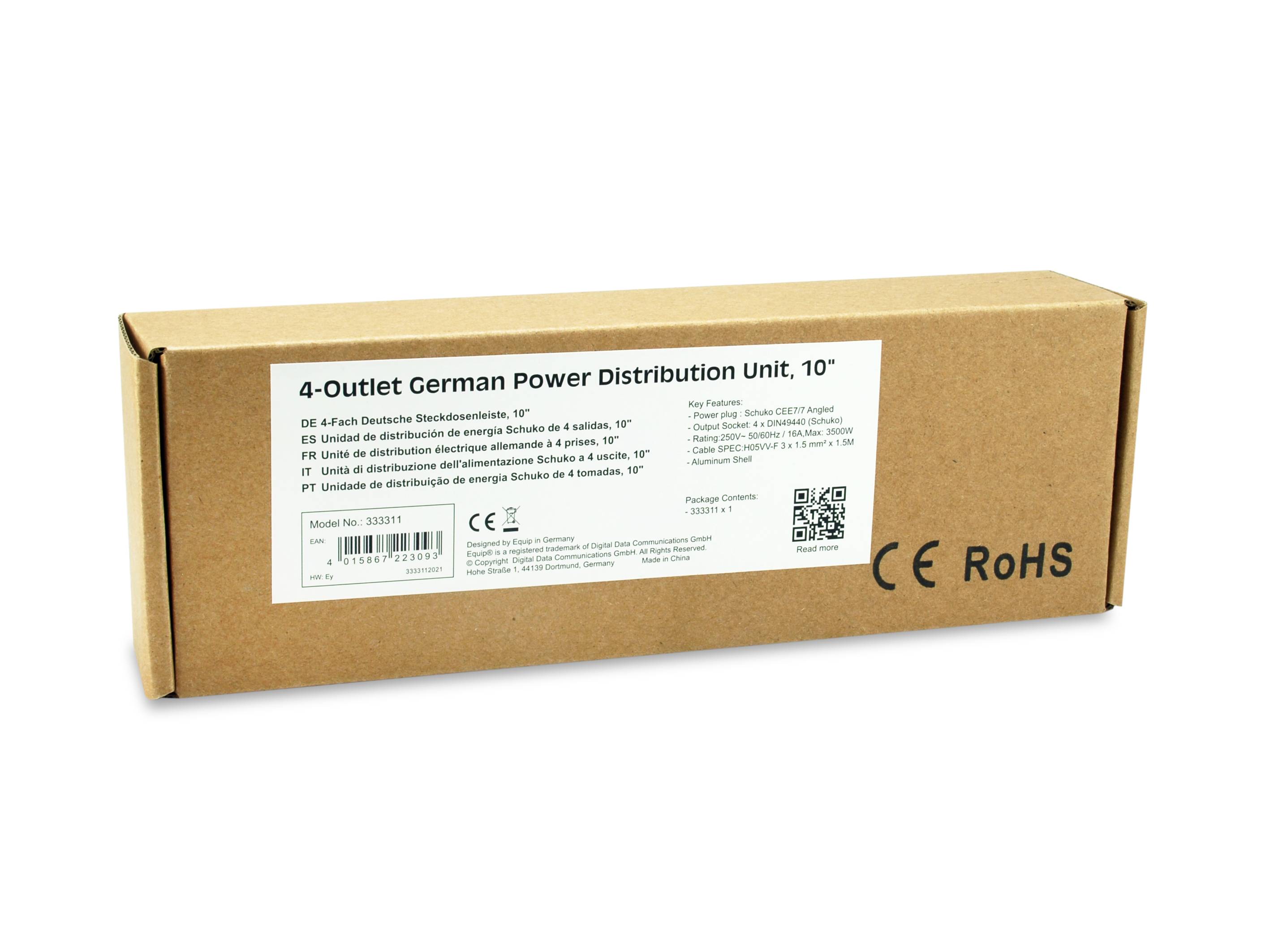 equip Pro - Stromverteilungseinheit (Rack - einbaufähig) - Wechselstrom 220-240 V - 3500 Watt - Eingabe, Eingang CEE 7/7 - Ausgangsanschlüsse: 4 (CE