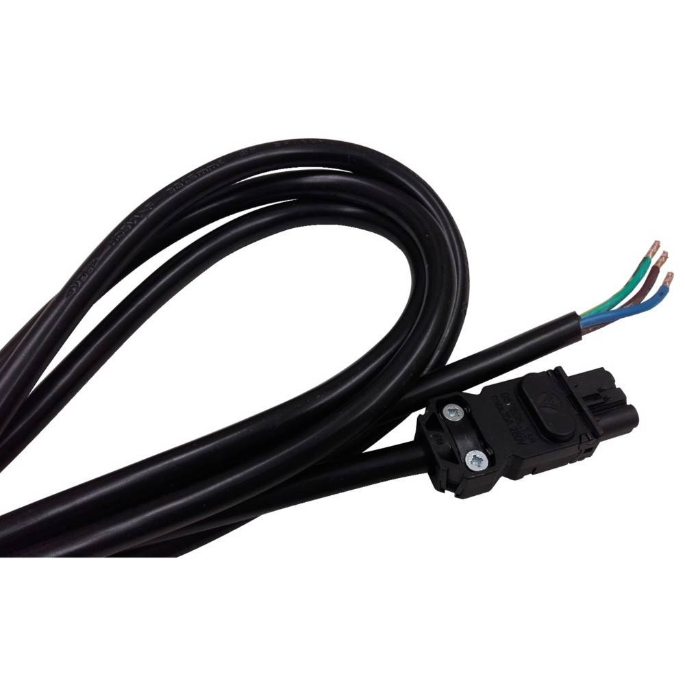 Ein schwarzes Netzkabel mit einem Stecker an einem Ende und freiliegenden Kabeln am anderen Ende, das für elektrische Verbindungen verwendet wird.