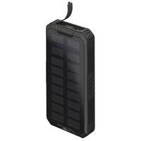 Schwarze robuste Solarpower-Bank mit integriertem angebrachtem Kabel und kleinen LED-Anzeigen.