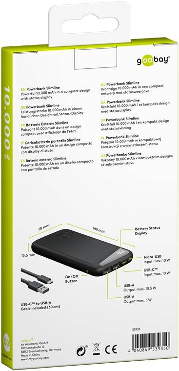 goobay Powerbank Slimline 10.000 mAh schwarz (1er Faltschachtel)