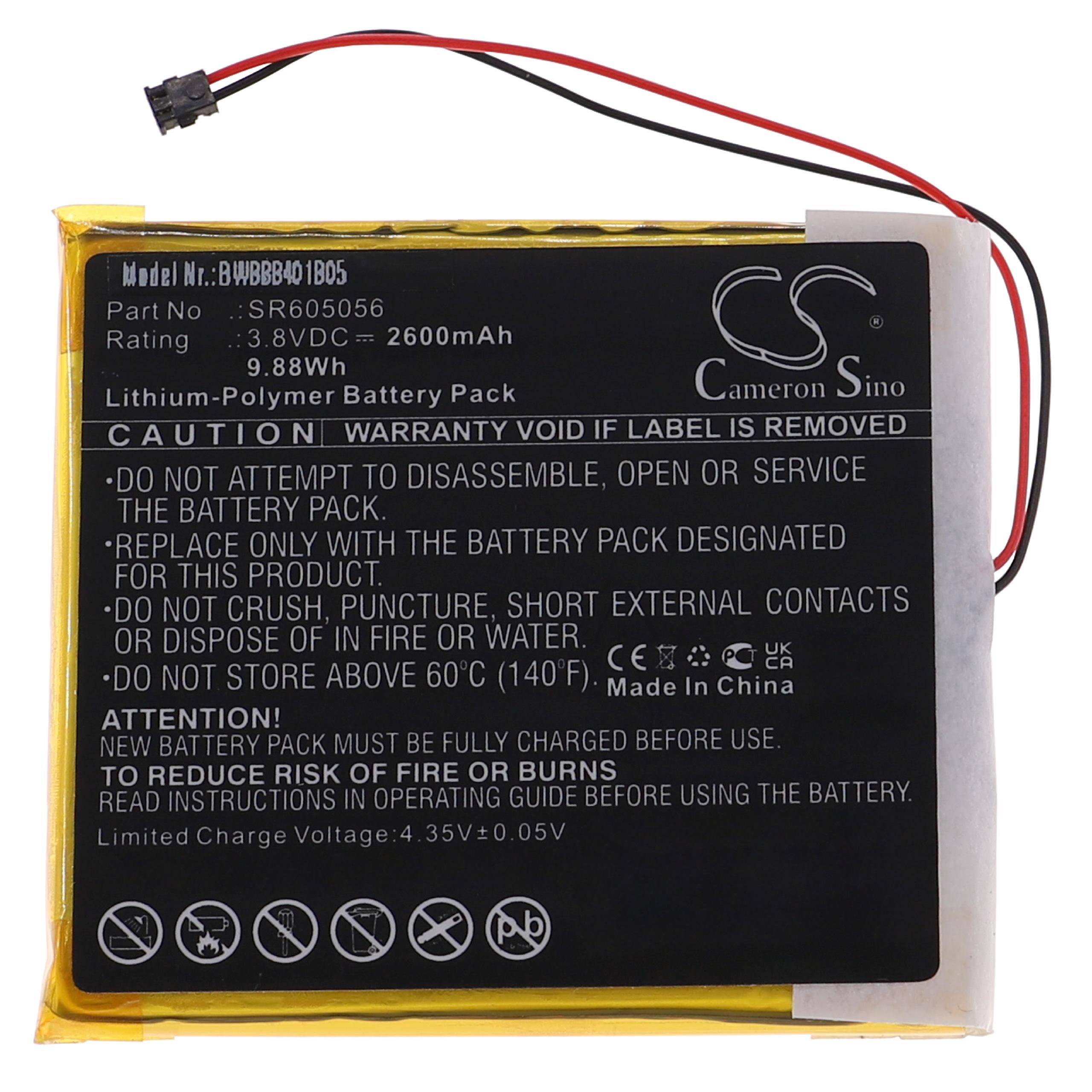 Ein Lithium-Polymer-Akkupack mit folgenden Spezifikationen: 3,8V, 2600mAh, 9,88Wh. Warnung: nicht quetschen, durchstechen oder öffnen. Ordnungsgemäß entsorgen.