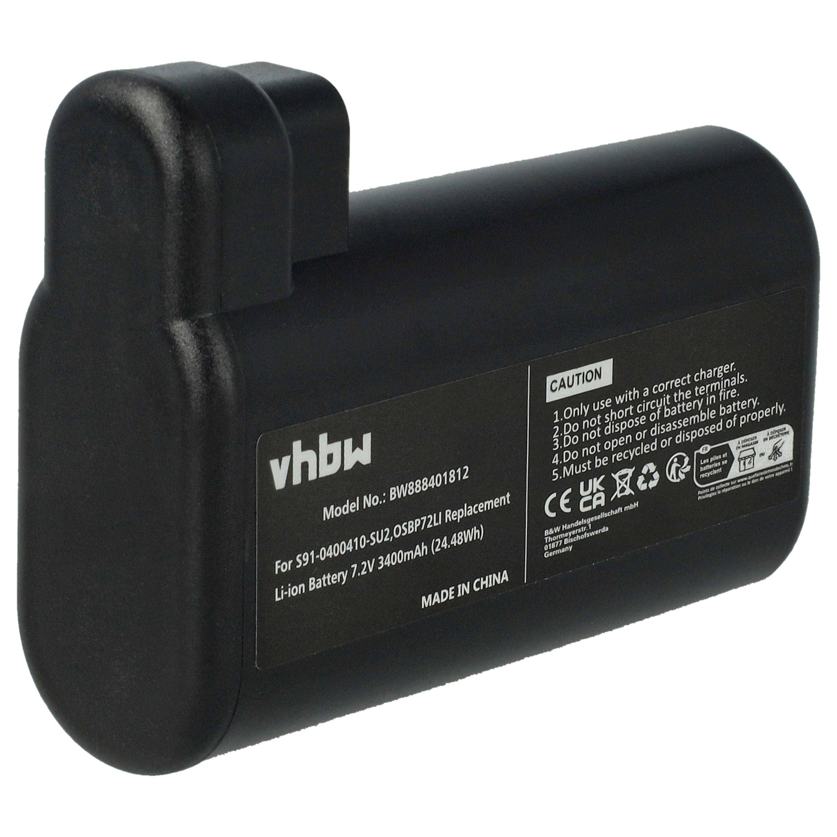 Schwarze vhbw wiederaufladbare Lithium-Ionen-Batterie mit Etikett, das Modell und Sicherheitsinformationen anzeigt.