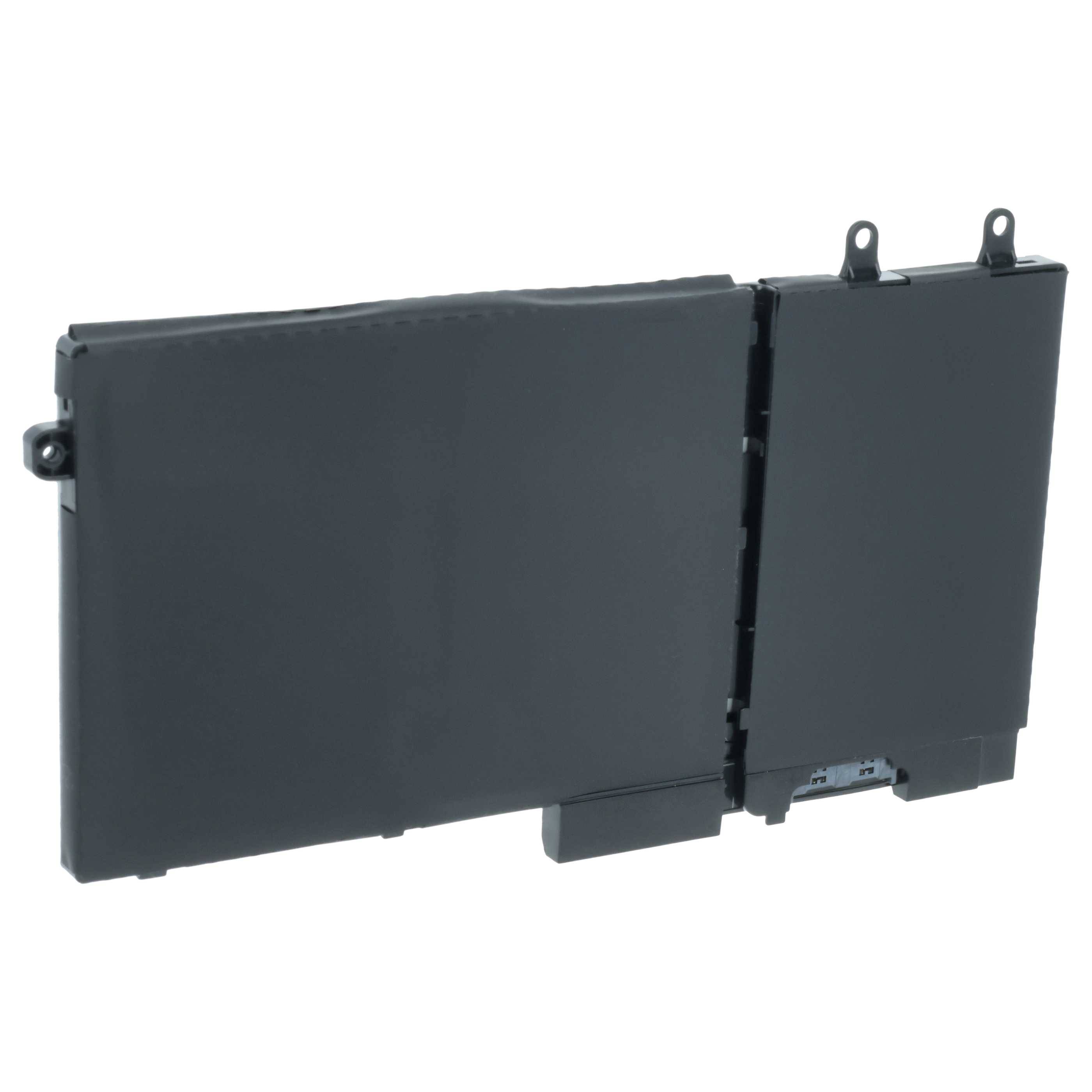 Eine schwarze, rechteckige Laptop-Batterie mit zwei Abschnitten, die durch einen Anschluss miteinander verbunden sind, vor einem schlichten weißen Hintergrund.