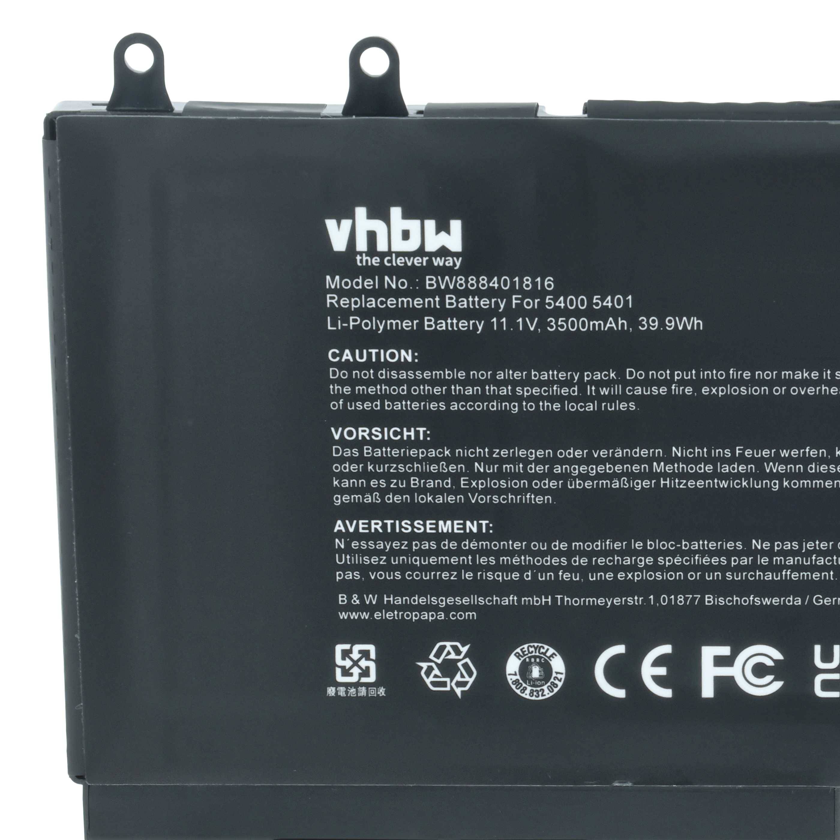 Eine schwarze Ersatzbatterie mit Aufklebern: 'vhbw Modell-Nr.: BW888401816', 3500mAh, 39,9Wh, Sicherheitswarnungen und Recycling-Symbolen.