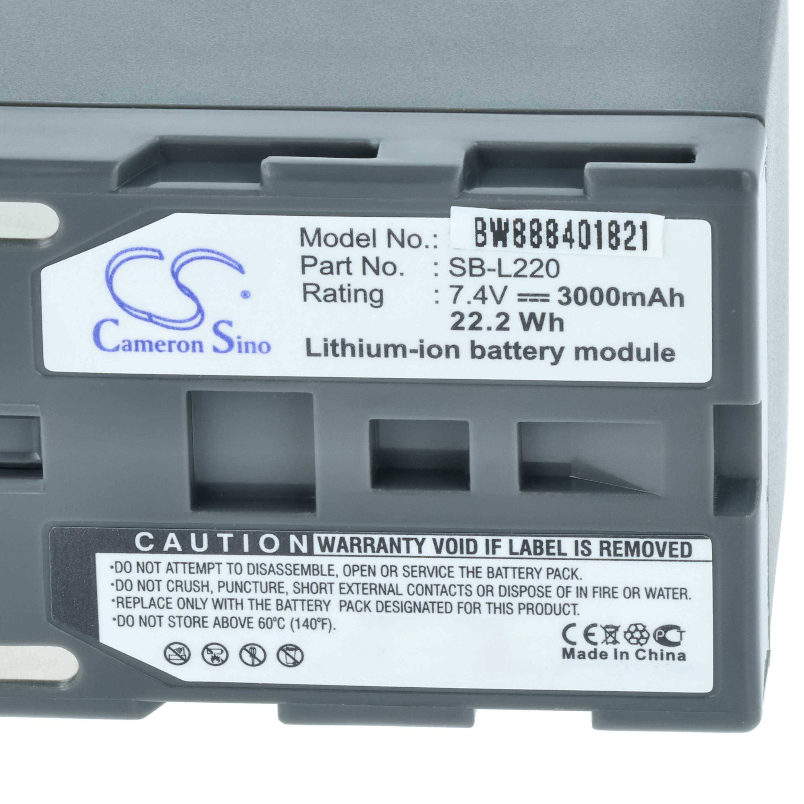 Lithium-Ionen-Akku, Modell-Nr.: SB-L220, 7,4V, 3000mAh, 22,2Wh. Hersteller: Cameron Sino. Garantie erlischt, wenn das Etikett entfernt wird.