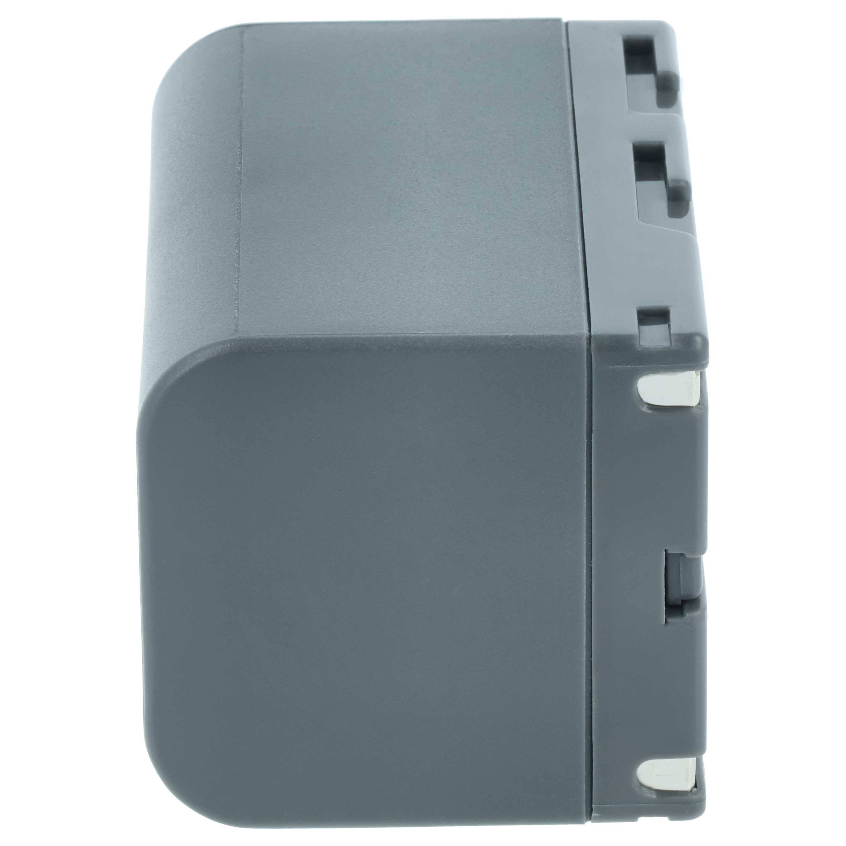 Ein rechteckiges, graues elektronisches Gerät mit glatter Oberfläche und Verriegelungsmechanismen auf der rechten Seite, höchstwahrscheinlich ein Akkupack.