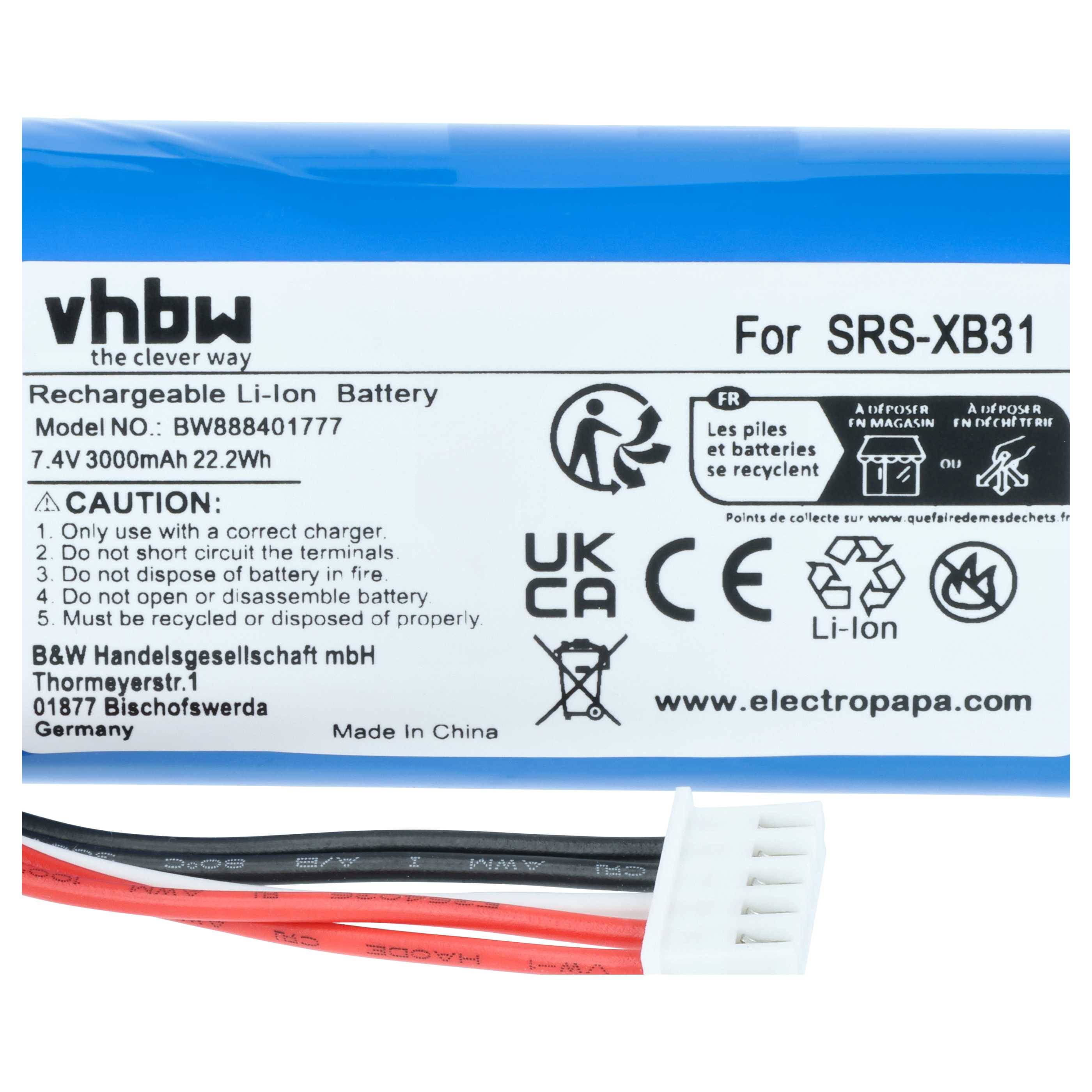 vhbw Akku kompatibel mit Sony SRS-XB33, SRS-XB31 Lautsprecher Boxen Speaker (3000 mAh, 7,4 V, Li-Ion)