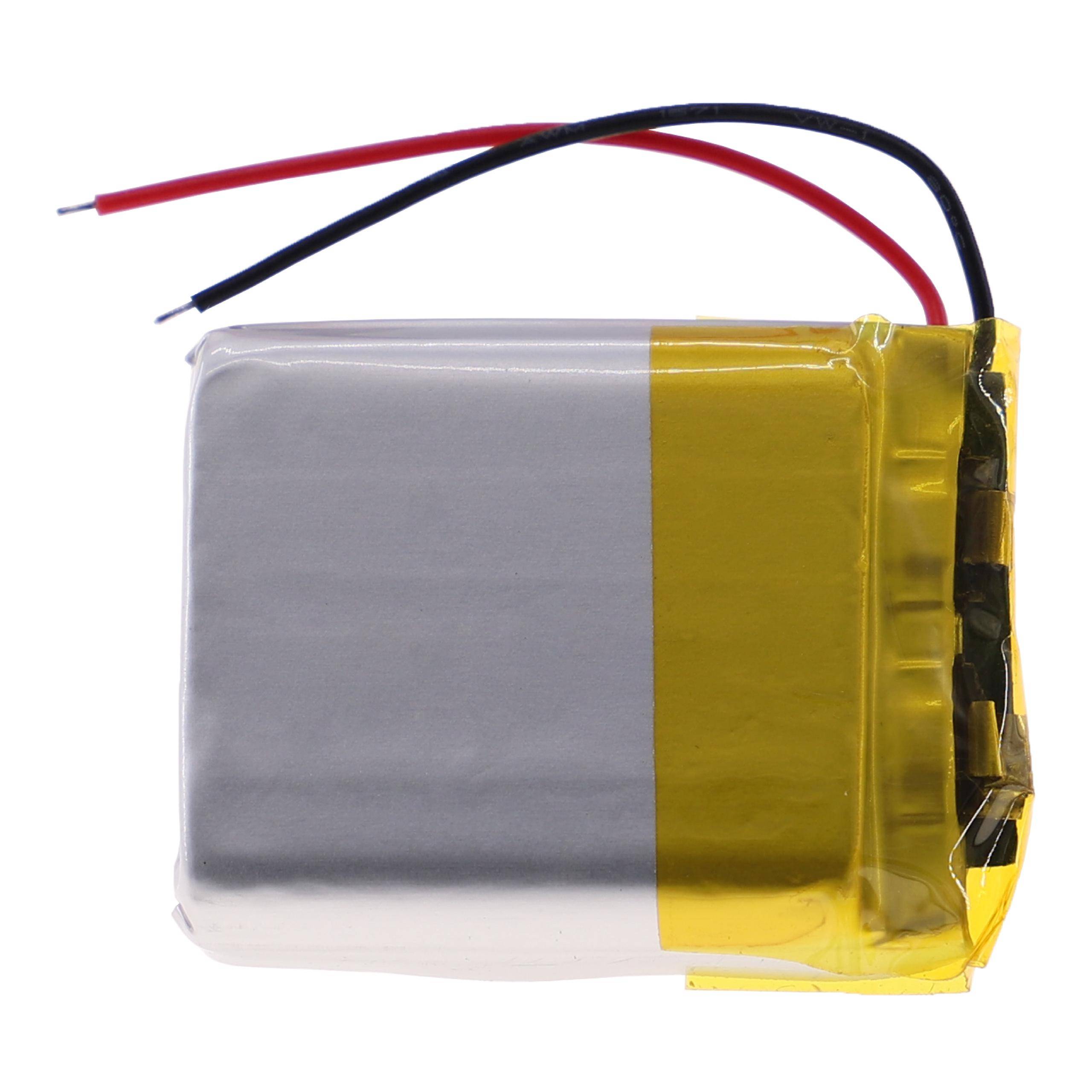 Eine kleine rechteckige Lithium-Polymer-Batterie mit zwei Drähten, einer rot und einer schwarz, die aus der Oberseite herausragen. Die Batterie hat gelbes Klebeband auf der Seite.