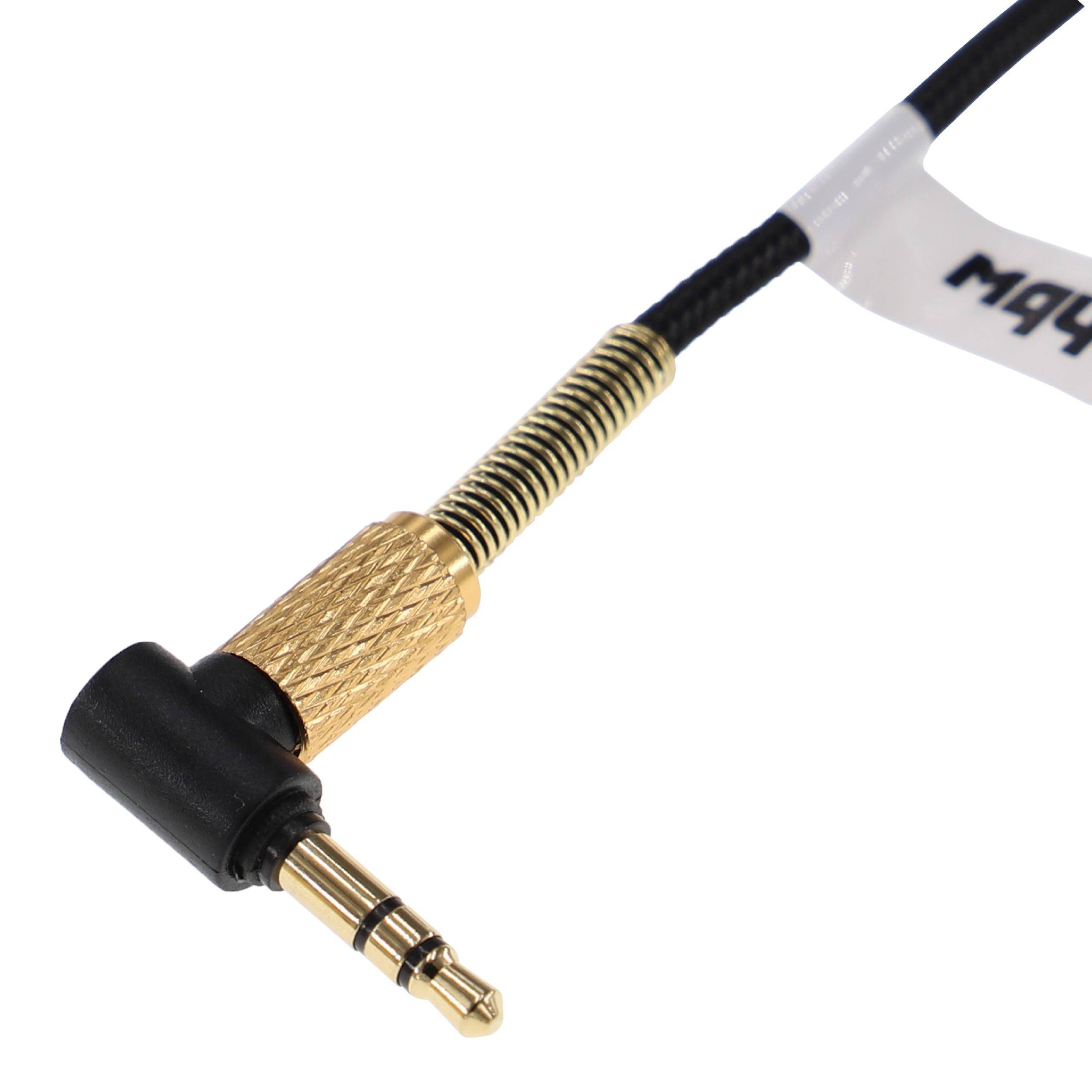 Ein vergoldeter rechtwinkliger 3,5-mm-Audioklinkenverbinder an einem schwarzen Kabel befestigt.