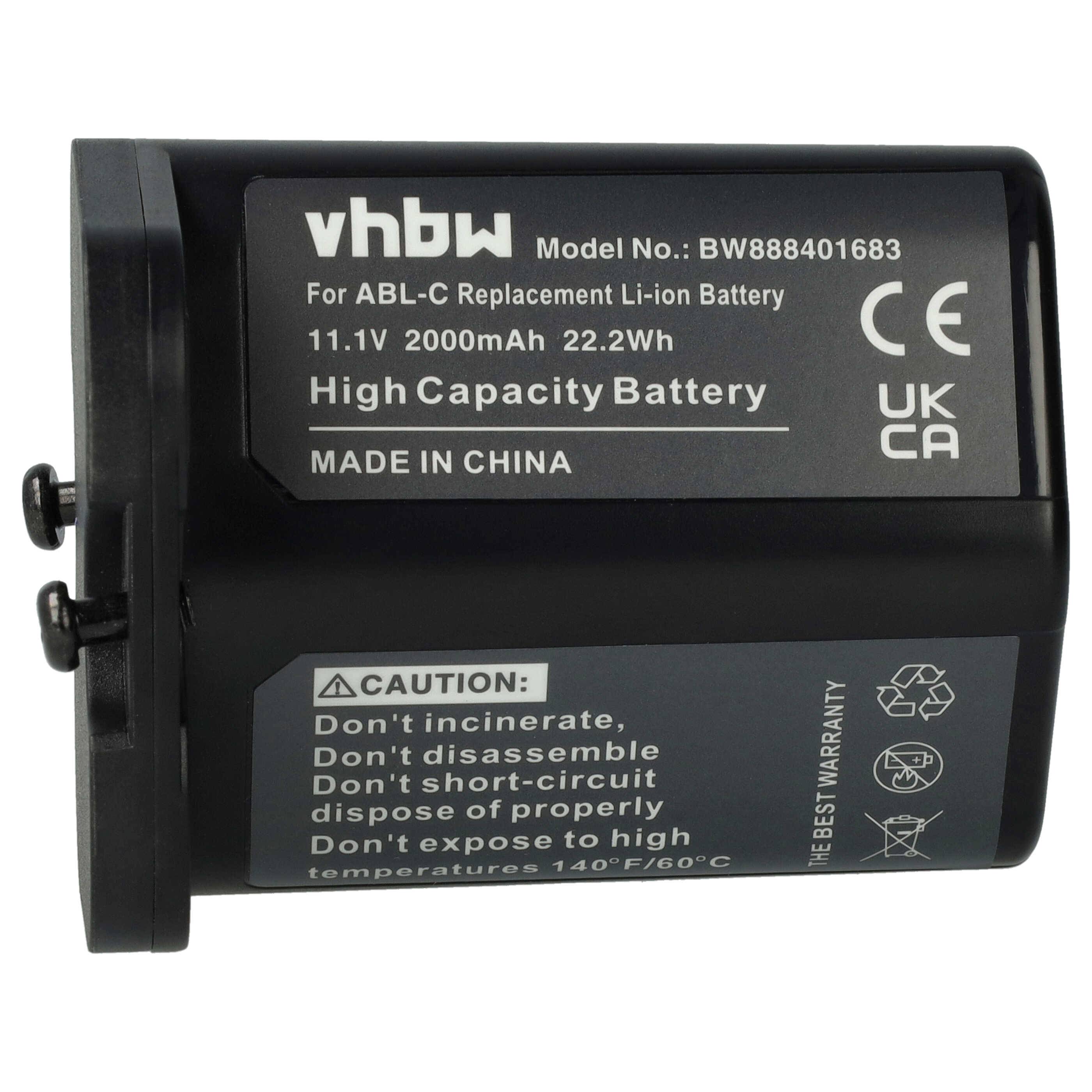 Schwarze vhbw Ersatz-Lithium-Ionen-Batterie für ABL-C, gekennzeichnet mit 11,1V 2000mAh 22,2Wh, mit CE- und UKCA-Kennzeichnungen und Sicherheitswarnungen.