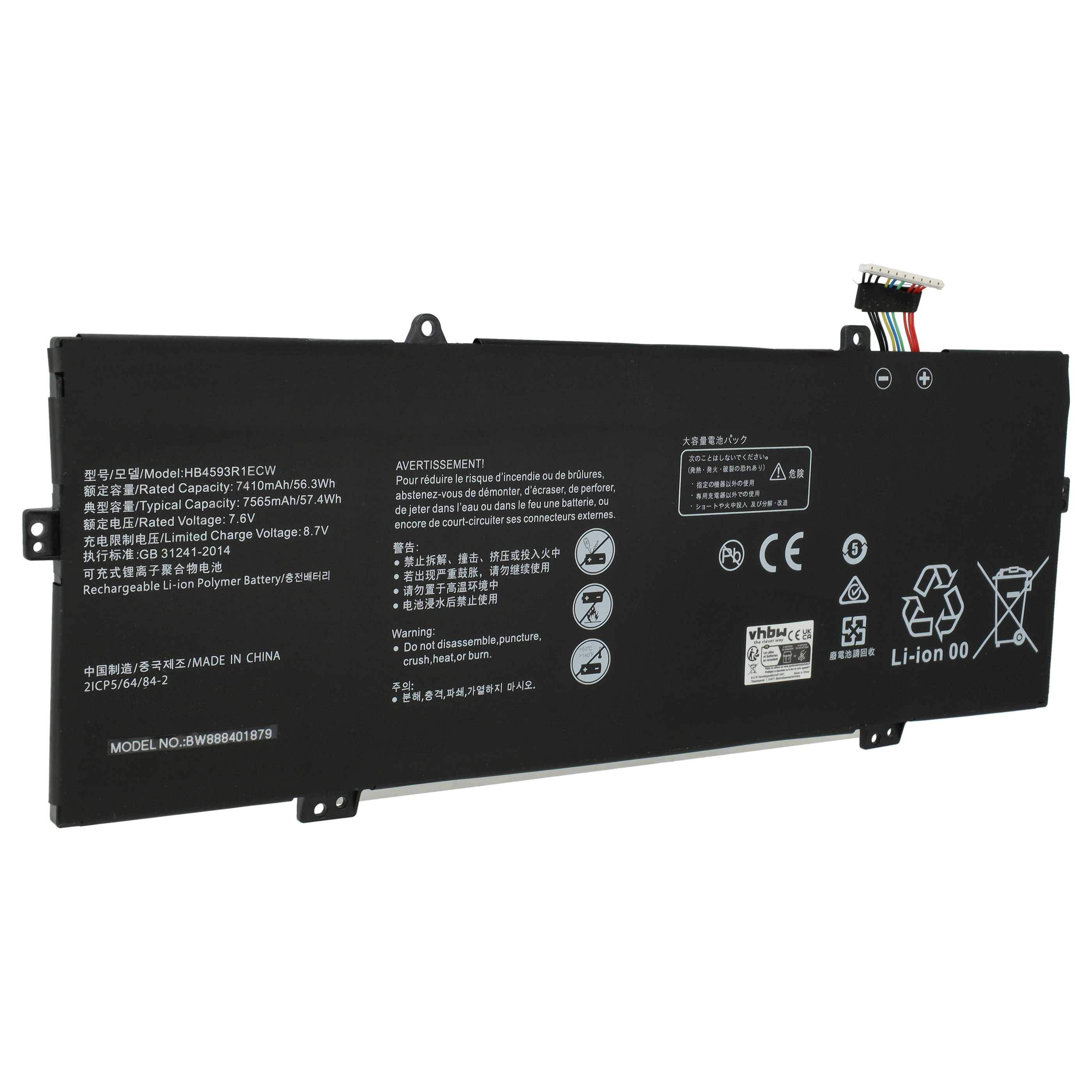 vhbw Akku Ersatz für Huawei HB4593R1ECW für Notebook (7410 mAh, 7,6 V, Li-Polymer)