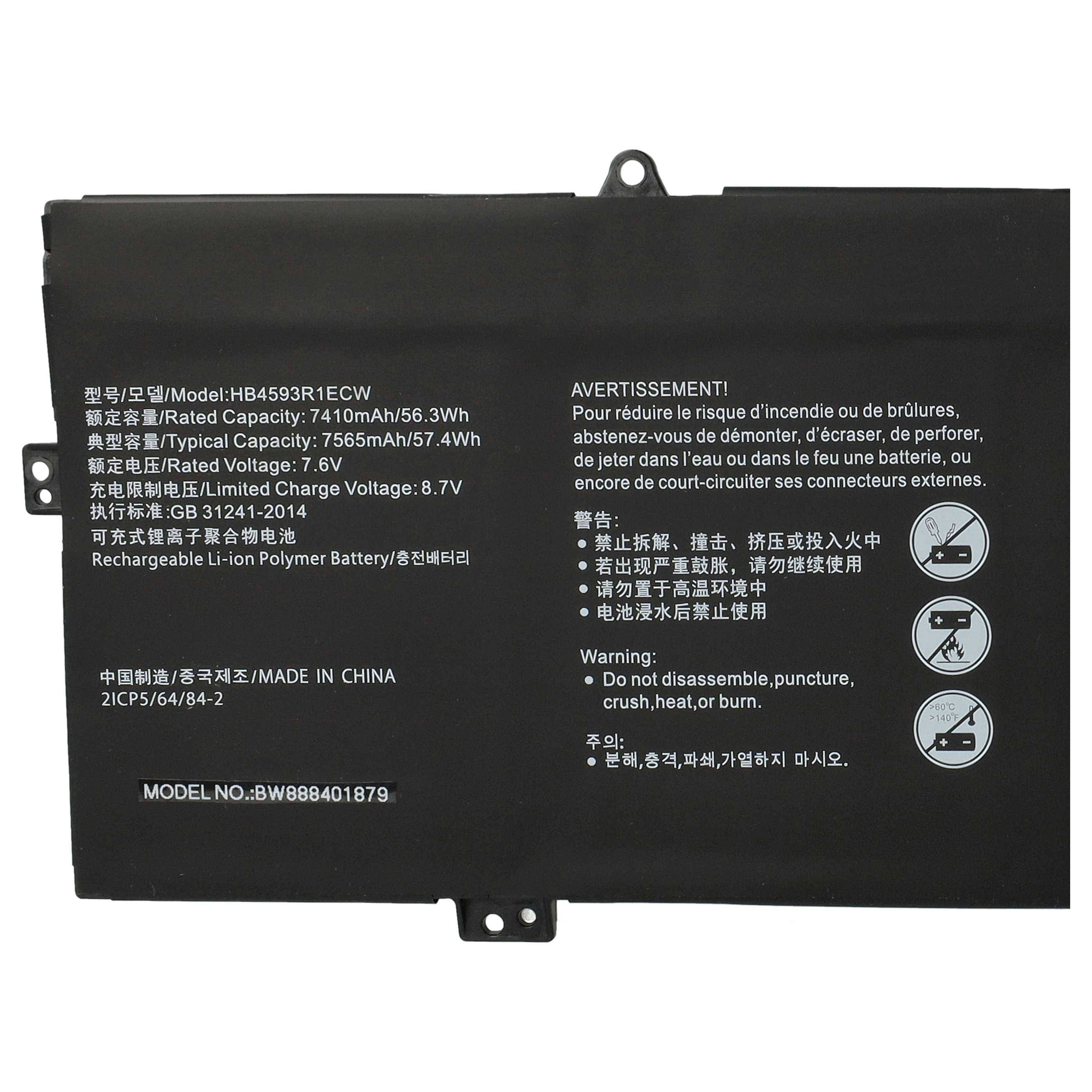 vhbw Akku Ersatz für Huawei HB4593R1ECW für Notebook (7410 mAh, 7,6 V, Li-Polymer)