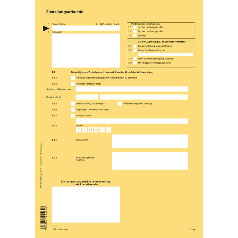 RNK Verlag Vordruck "Zustellungsurkunde", DIN A4