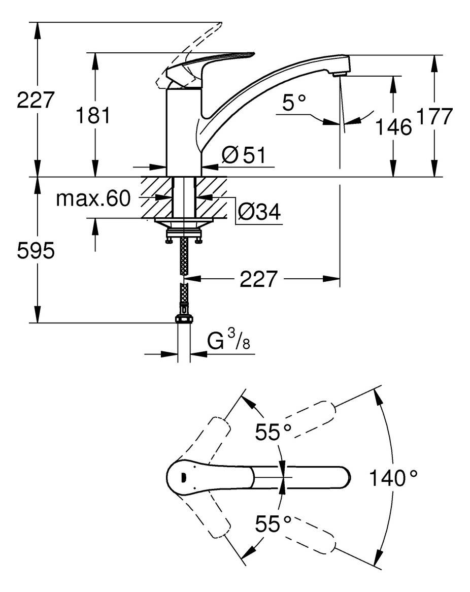 Grohe Einhandmischer Spültisch Eurosmart flacher Auslauf verchromt