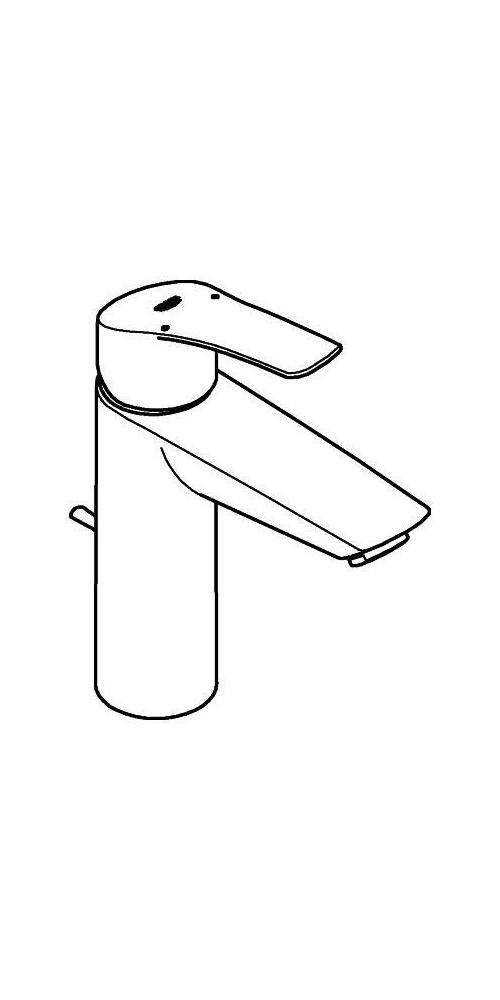 Strichzeichnung eines einhebel-badezimmerhahns mit hoher zylindrischer basis und abgewinkeltem auslauf.