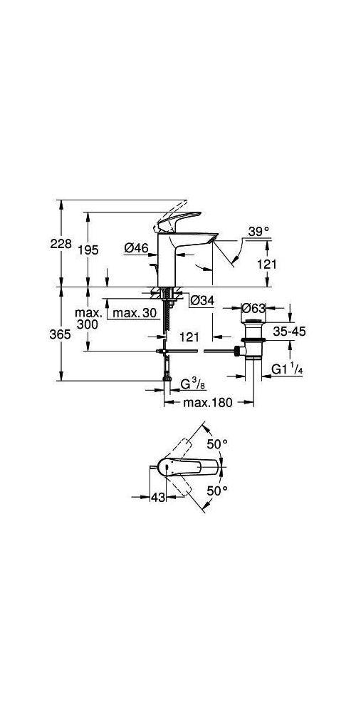 Technische Maßstabszeichnung eines Wasserhahns mit Seitenhebel, Darstellung von Vorder- und Draufsicht, Rohranschlüsse und Maße in Millimetern sowie G3/8, G1/4 Größen.