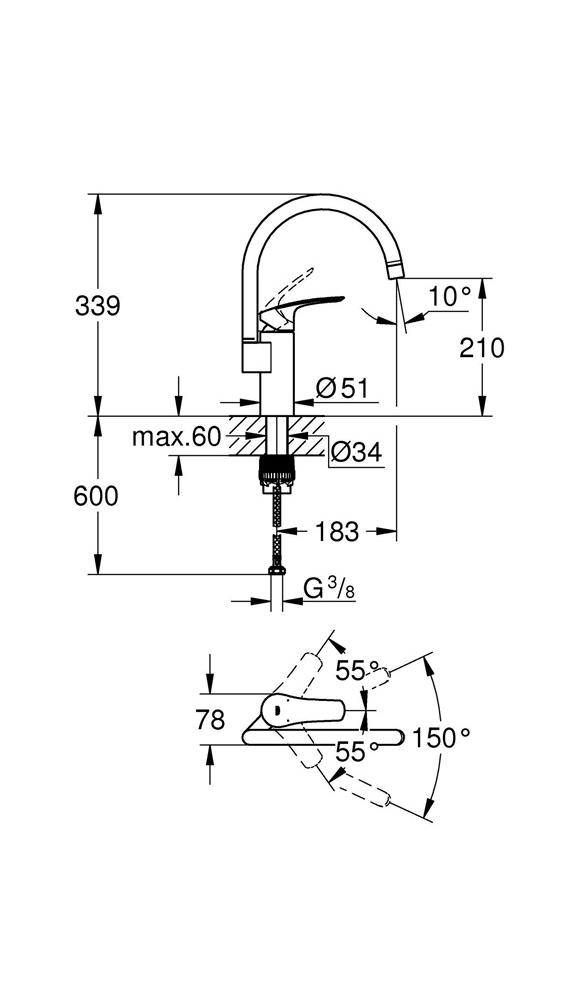 GROHE EH-Spültischbatterie EUROSMART 1/2Zoll ho Ala chr chrom 33202_3