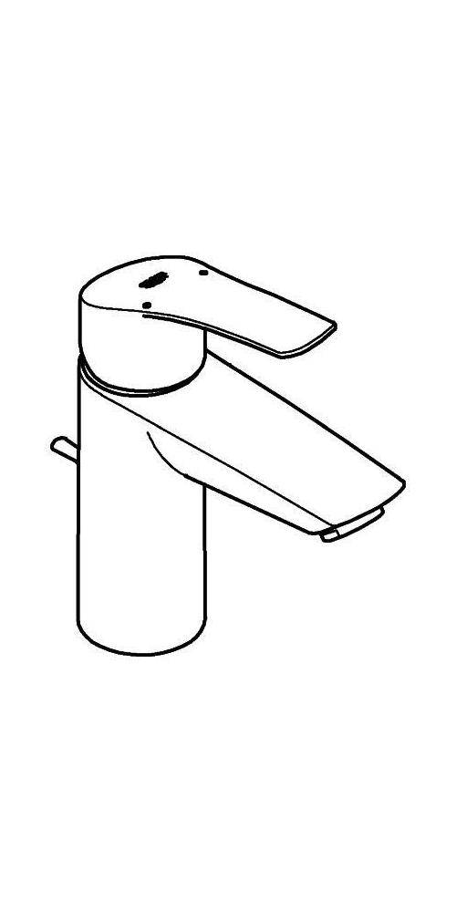 Strichzeichnung eines einhebel-badezimmerhahns mit zylindrischer basis und zwei horizontalen griffen, dargestellt auf weißem hintergrund.