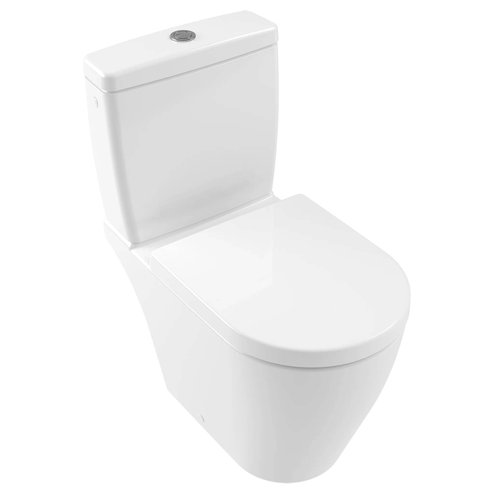 Weiße moderne Spülrandlose Toilette auf einfachem weißem Hintergrund, dargestellt in einer Dreiviertelperspektive.