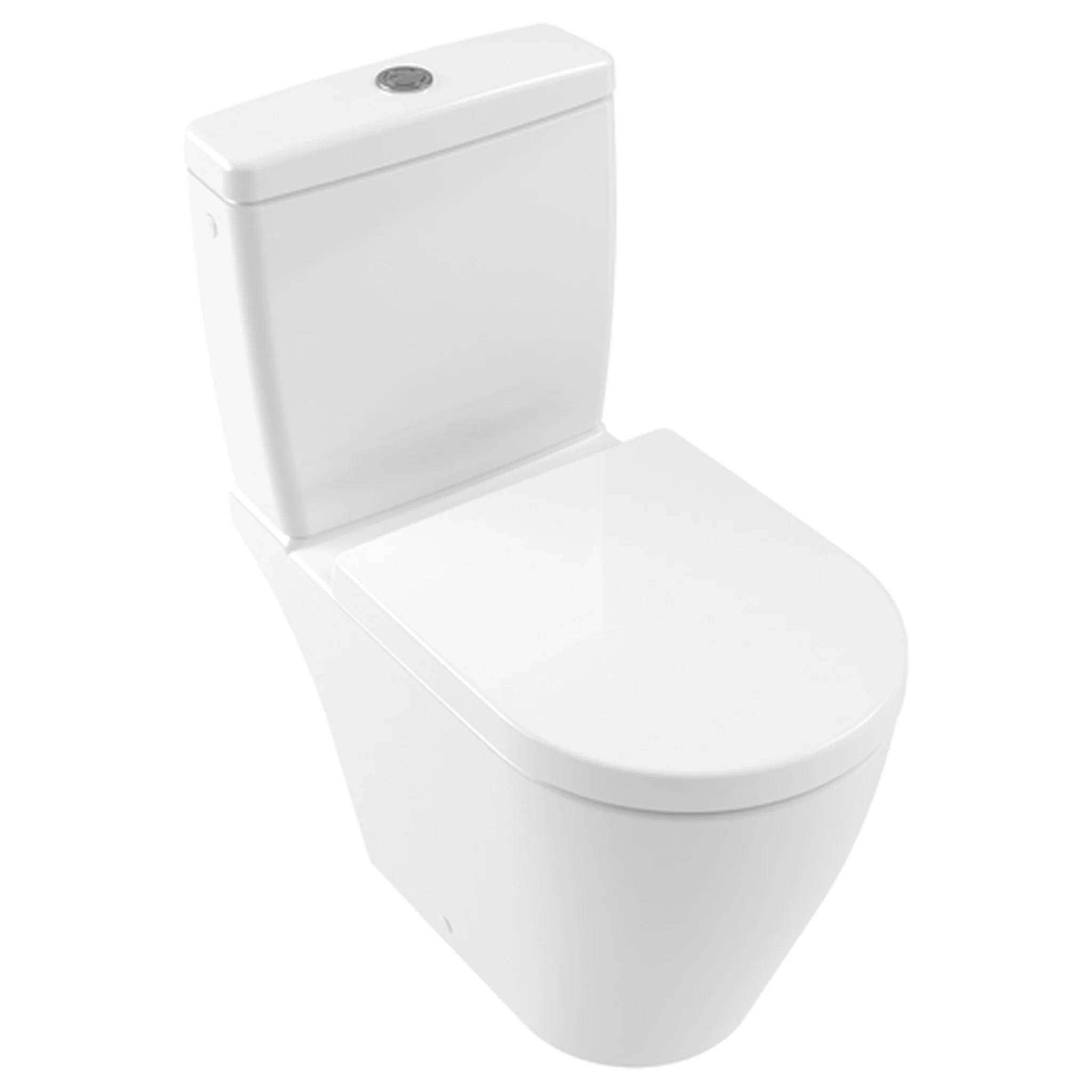 Modernes weißes Toilettenbecken mit Spülkasten und ovalem Sitz, isoliert auf einfachem weißem Hintergrund dargestellt.
