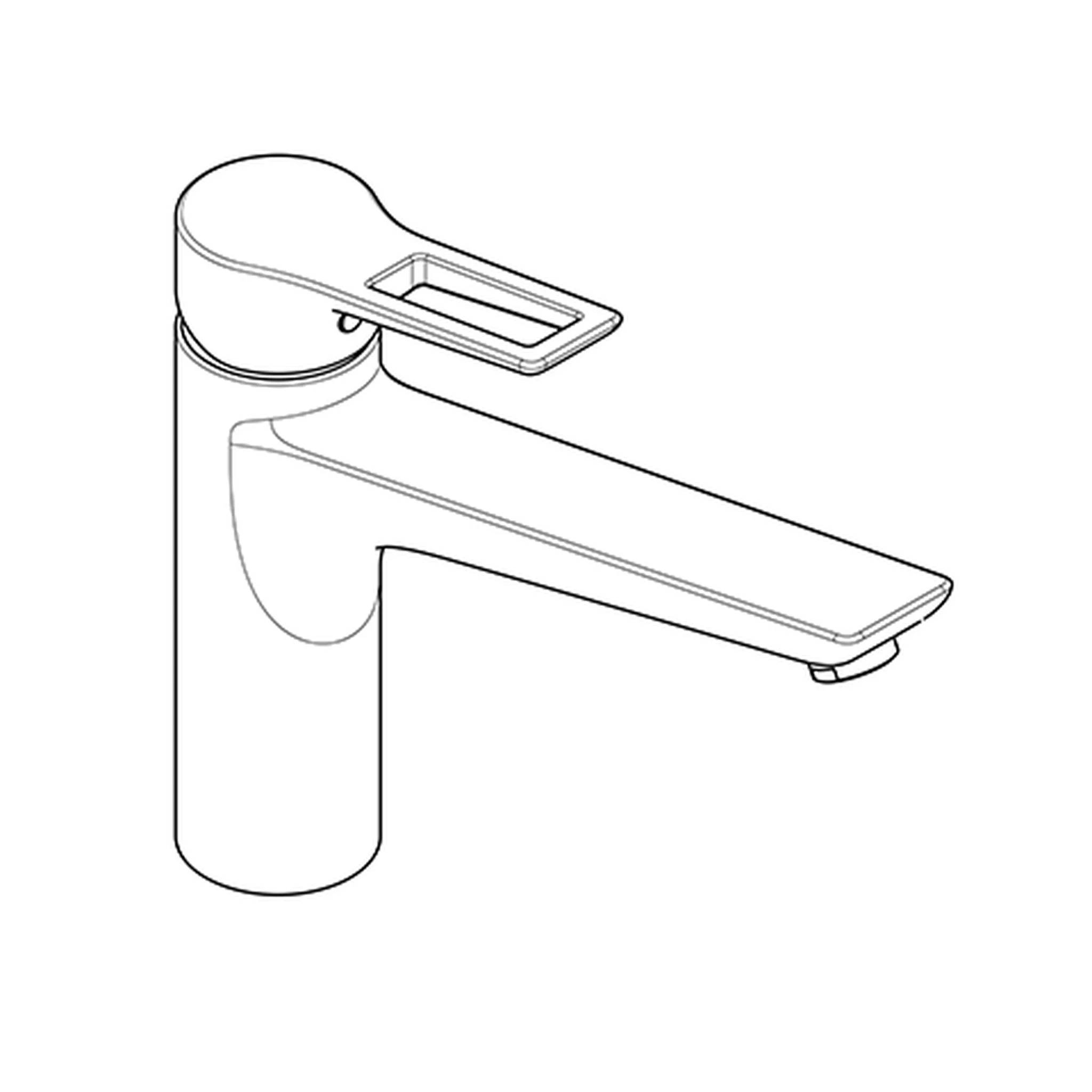 Strichzeichnung eines modernen Einhand-Badezimmerwasserhahns mit langem Auslauf und rechteckigem Bedienhebel.