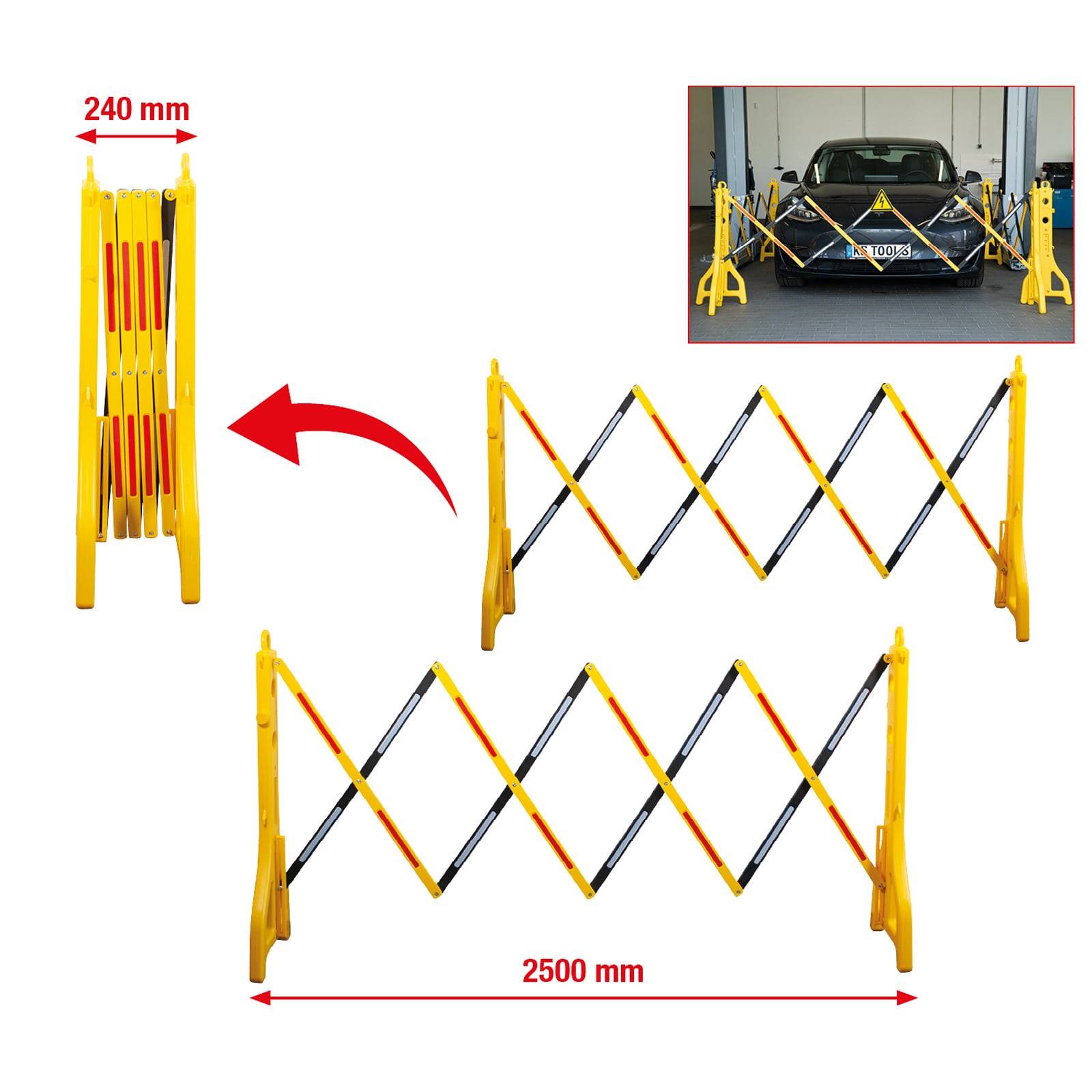 Ausziehbare gelbe Absperrung erweitert sich von 240 mm auf 2500 mm. Links: zusammengefaltet; Mitte: ausgeklappt; Oben rechts: Absperrung vor einem Auto.