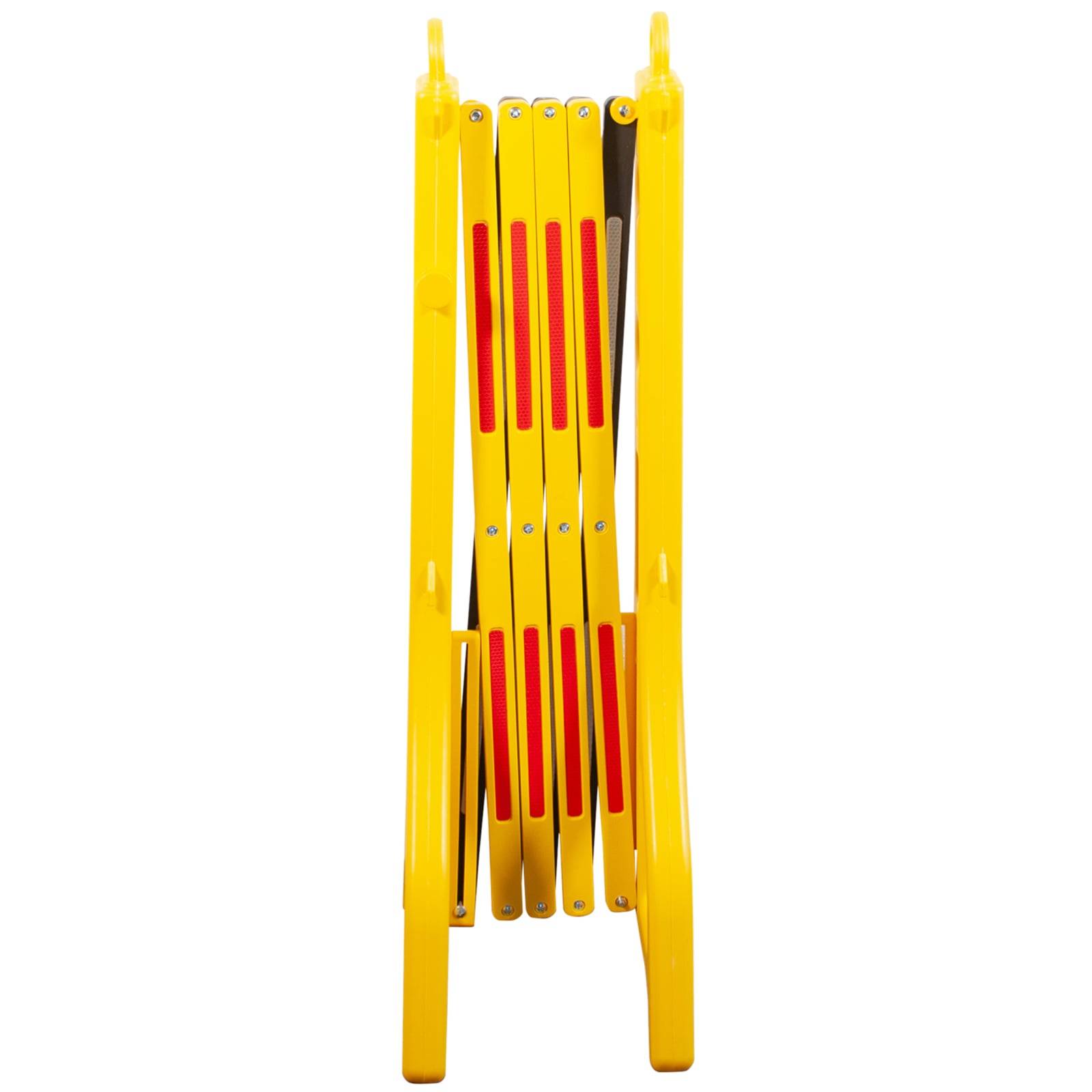 Eine gelbe und rote Klappabsperrung, von vorne betrachtet, die ihr kompaktes, faltbares Design zeigt, das wahrscheinlich zur Menschenabsperrung oder Sicherheit eingesetzt wird.